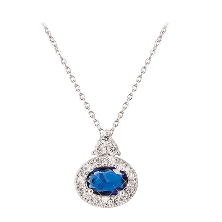 Tipperary Crystal Silver Pendant Oval Sapphire White Surround