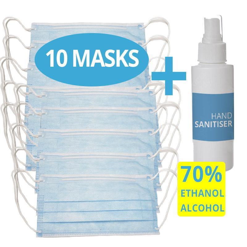 Hand Sanitiser with 70% ETHANOL ALCOHOL + 10 Face Mask - COVID-19 Alert Essential - Medipharm Online