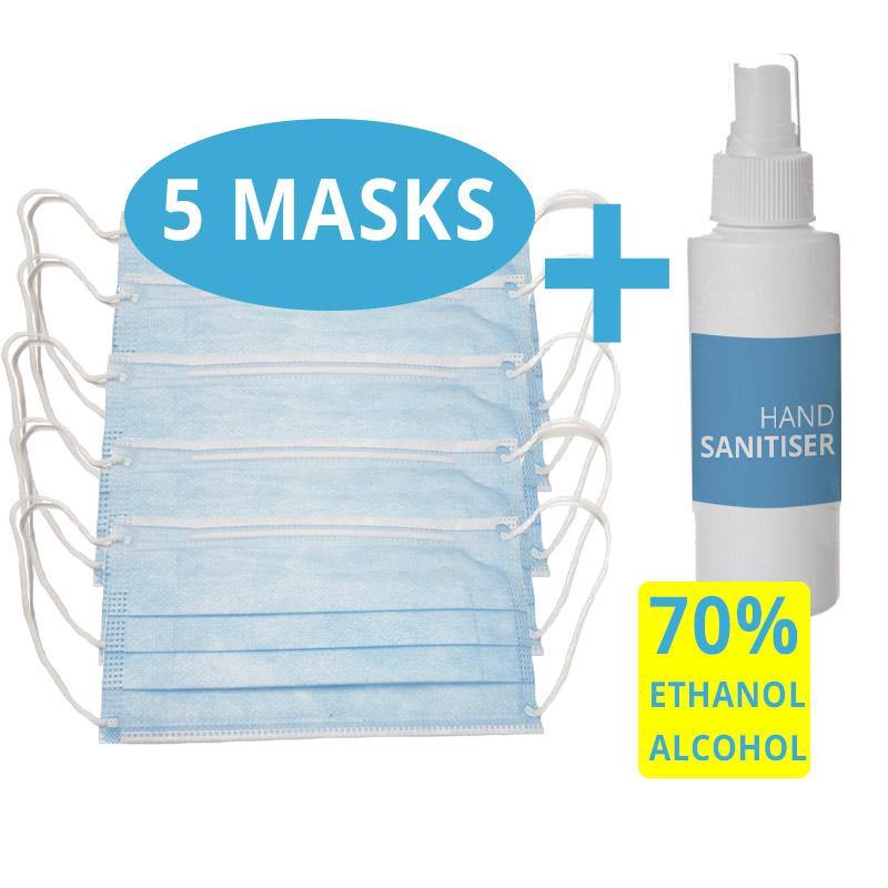 Hand Sanitiser with 70% ETHANOL ALCOHOL + 5 Face Mask  - COVID-19 Alert Essential - Medipharm Online