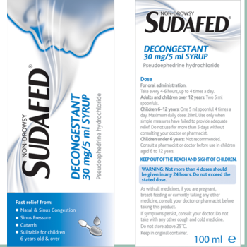 Sudafed Decongestant Syrup 30mg/5ml Pseudoephedrine 100ml - Medipharm Online - Cheap Online Pharmacy Dublin Ireland Europe Best Price