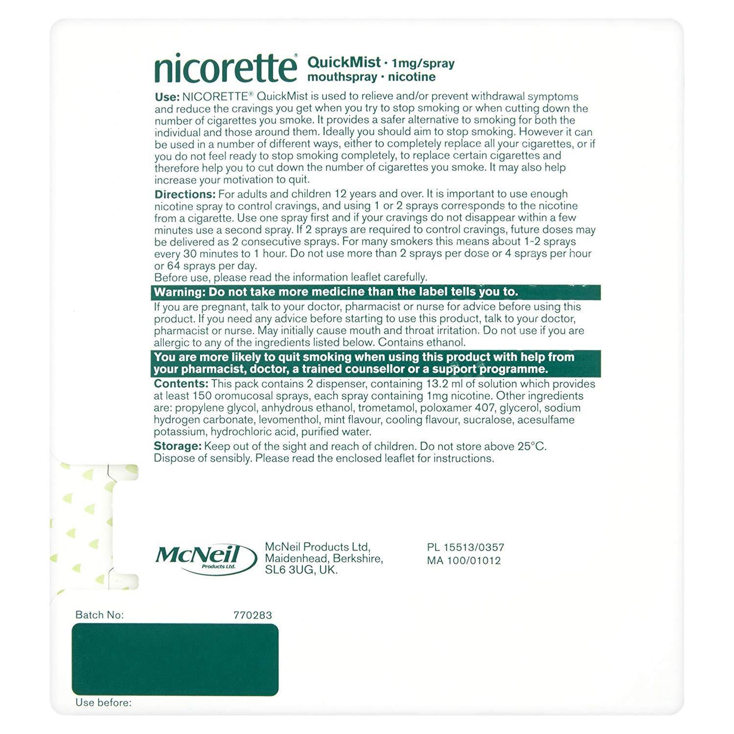 Nicorette QuickMist Mouth Spray Duo Pack (2 x 150 Sprays) - Fresh Mint - Medipharm Online - Cheap Online Pharmacy Dublin Ireland Europe Best Price
