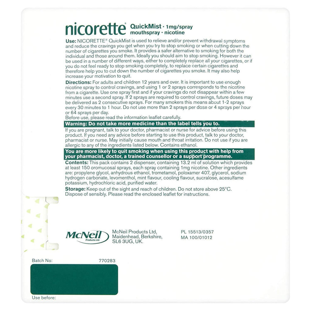 Nicorette QuickMist Mouth Spray Duo Pack (2 x 150 Sprays) - Fresh Mint - Medipharm Online - Cheap Online Pharmacy Dublin Ireland Europe Best Price