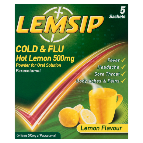 Lemsip - Cold & Flu - Hot Lemon - 500mg (5 & 10 pack) - Medipharm Online