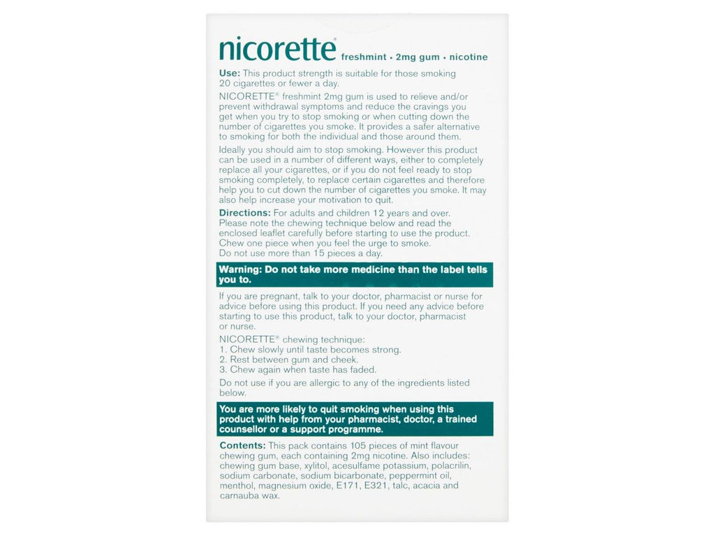 Nicorette Freshmint 2mg Coated Gum 105 Pieces - Medipharm Online